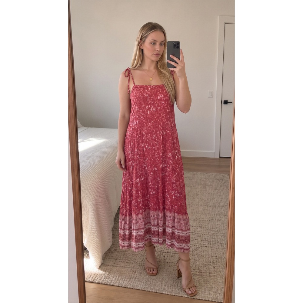 Knox Rose Floral Maxi Dress XL Coral Smocked Tie Strap Boho Cottage Romantic